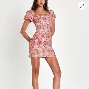 Lulus Sweetest Essence Blush Floral Jacquard Puff Sleeve Mini Dress